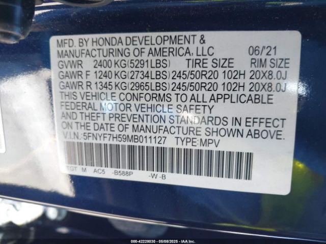 5FNYF7H59MB011127 Honda j35y6