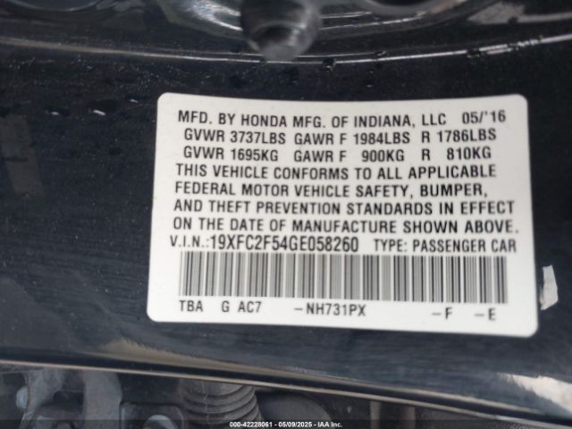 19XFC2F54GE058260 Honda Civic Lx