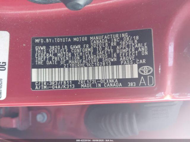2T1BURHE1KC162813 Toyota COROLLA LE