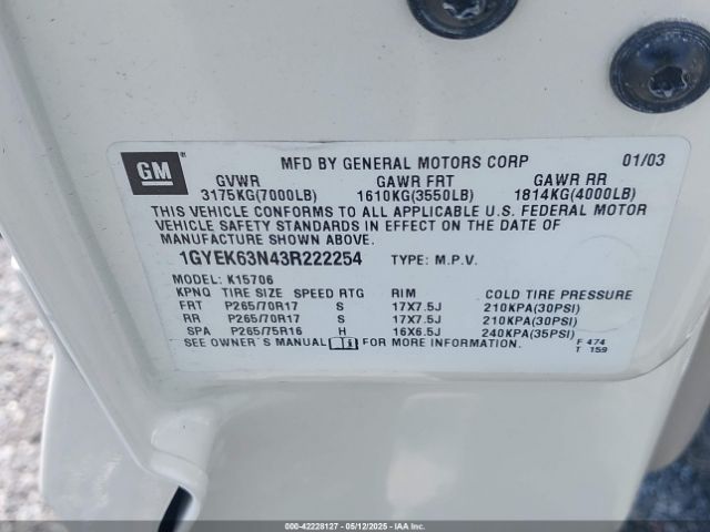 2003 CADILLAC ESCALADE 1GYEK63N43R222254 Photo 8