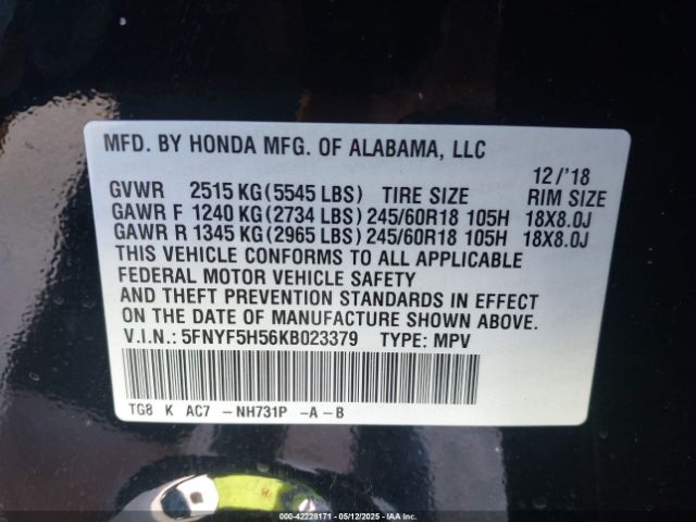 5FNYF5H56KB023379 Honda Pilot Ex-l