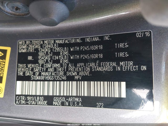 5TDKKRFH9GS135246 Toyota 2gr-fe