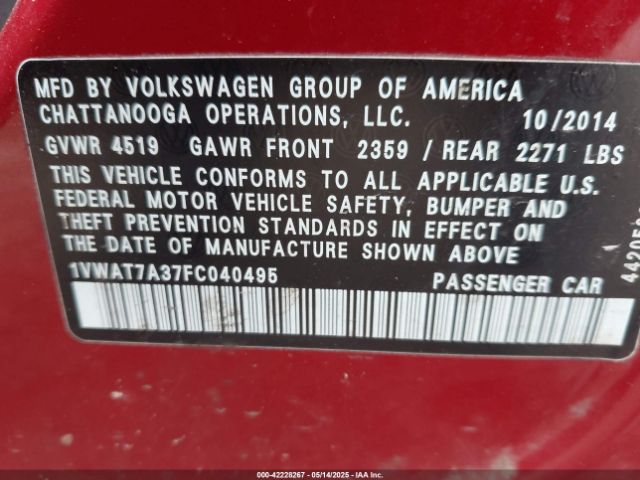 1VWAT7A37FC040495 Volkswagen Passat 1.8t Wolfsburg Edition