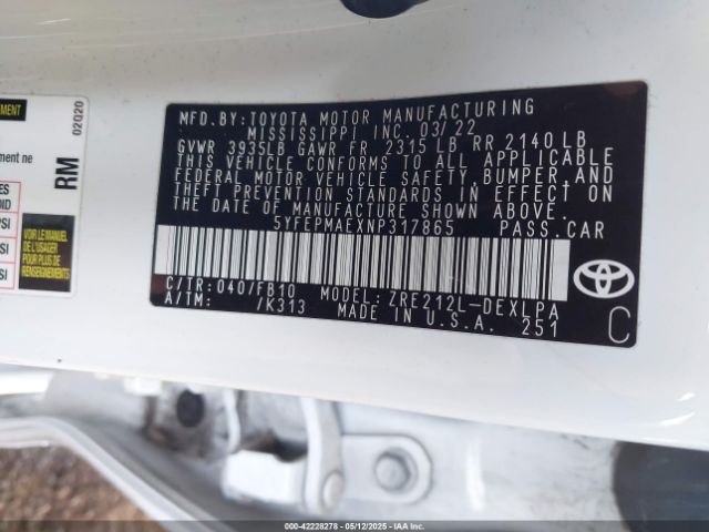2022 TOYOTA COROLLA 5YFEPMAEXNP317865 Photo 8