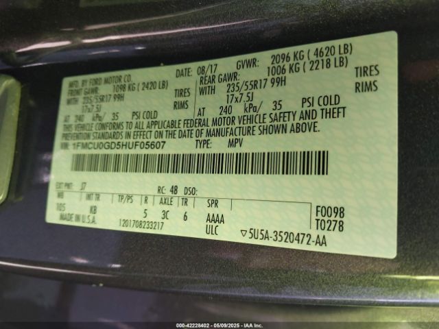 1FMCU0GD5HUF05607 Ford ESCAPE SE