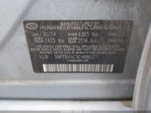 5NPEB4ACXEH886371 Hyundai SONATA GLS