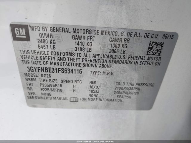 3GYFNBE31FS634116 Cadillac Srx Luxury Collection