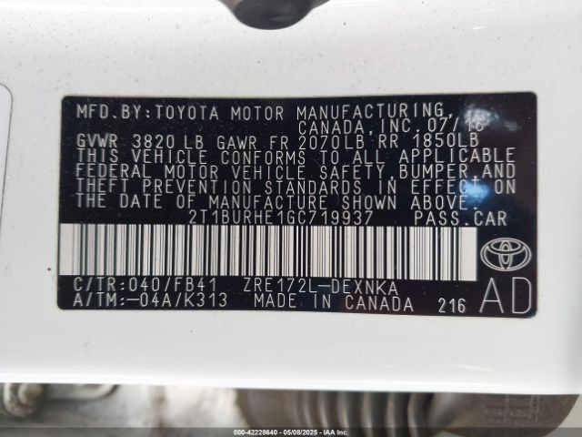 2T1BURHE1GC719937 Toyota COROLLA LE