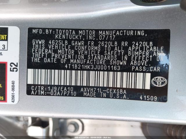 4T1B21HK3JU001163 Toyota Camry Hybrid Se