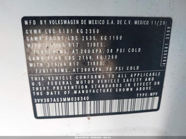3VV3B7AX3MM038340 Volkswagen 2021