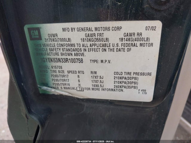2003 CADILLAC ESCALADE 1GYEK63N33R100758 Photo 8