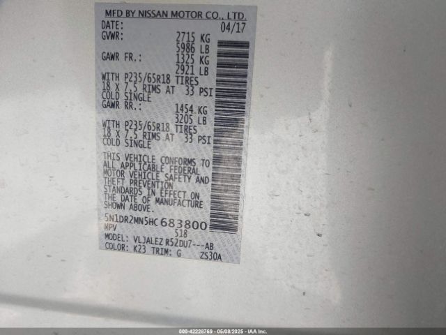 5N1DR2MN5HC683800 Nissan Pathfinder Sv