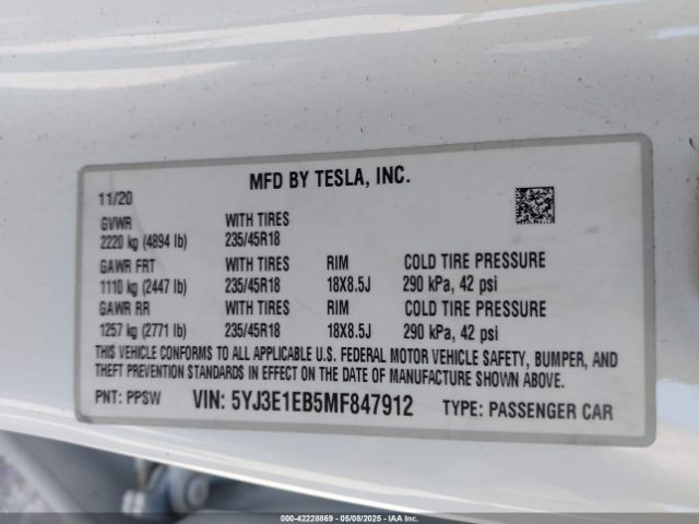 2021 TESLA MODEL 3 5YJ3E1EB5MF847912 Photo 8