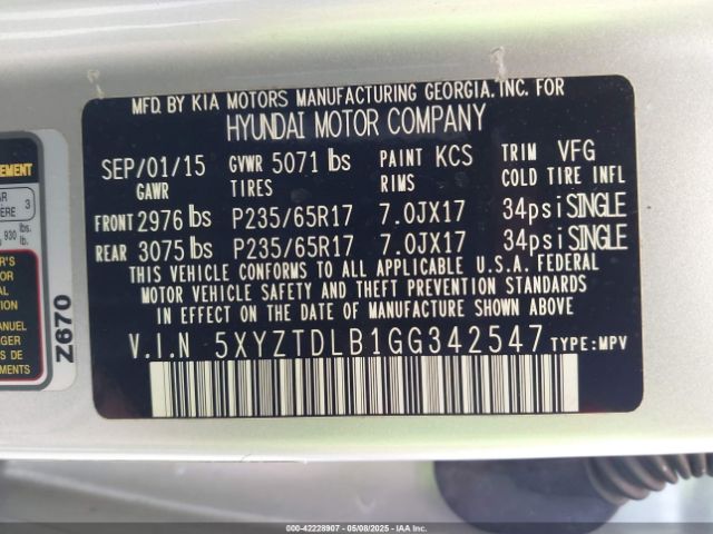 5XYZTDLB1GG342547 Hyundai Santa Fe Sport 2.4l