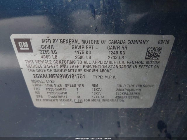 2GKALMEK9H6181751 GMC lea - sidi: spark ignited direct injection, e85 max, alum