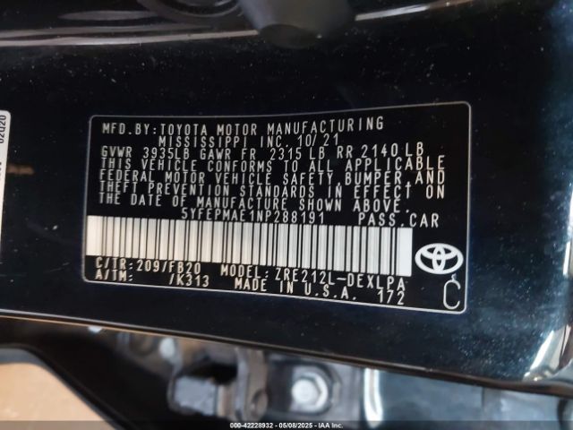 2022 TOYOTA COROLLA 5YFEPMAE1NP288191 Photo 8
