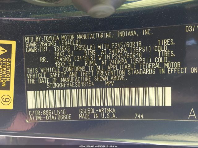 5TDKKRFH4ES018154 Toyota Highlander Xle V6