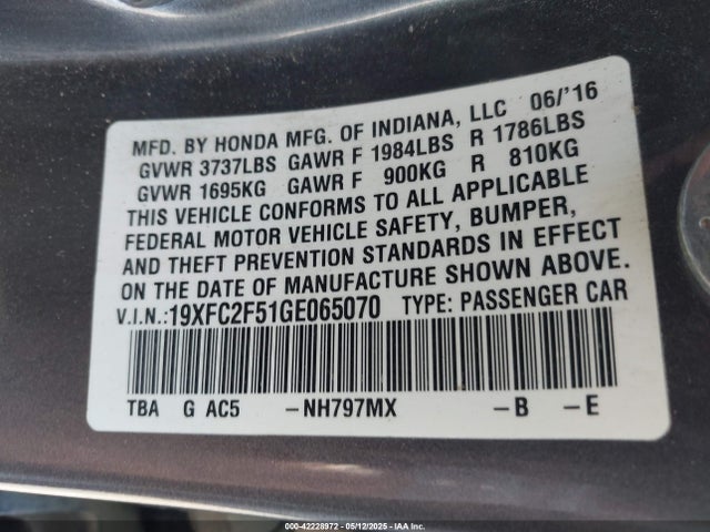 19XFC2F51GE065070 Honda Civic Lx
