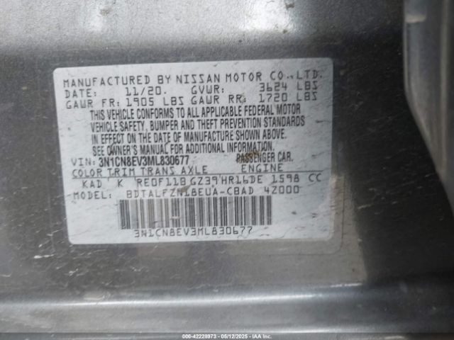 3N1CN8EV3ML830677 Nissan Versa Sv Xtronic Cvt