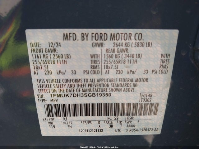 1FMUK7DH3SGB19350 Ford tivct