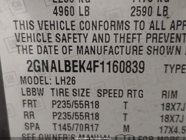 2GNALBEK4F1160839 Chevrolet EQUINOX 1LT