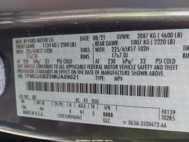 1FMCU0BZ8MUA09021 Ford Escape Se Hybrid