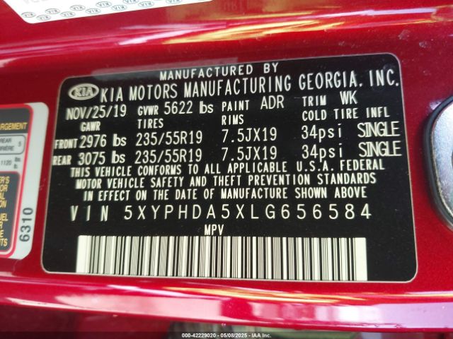 5XYPHDA5XLG656584 KIA Sorento 3.3l Ex