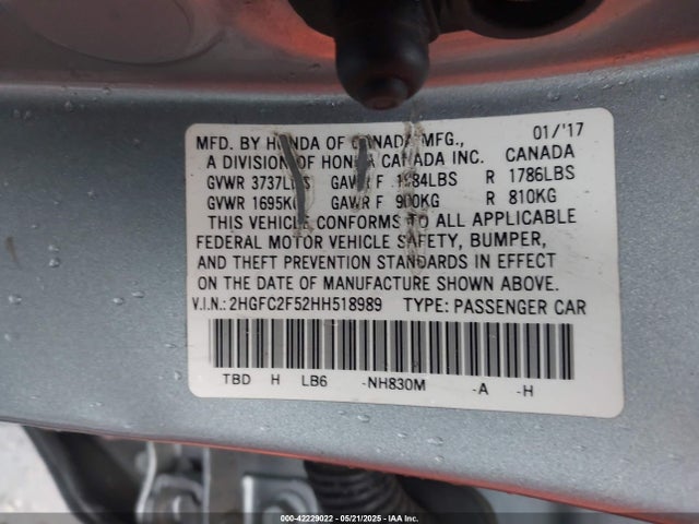 Honda Civic Lx 2017 2HGFC2F52HH518989 Image 9