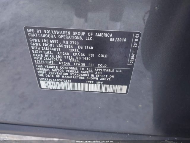 1V2KR2CA0JC572845 Volkswagen Atlas 3.6l V6 Se