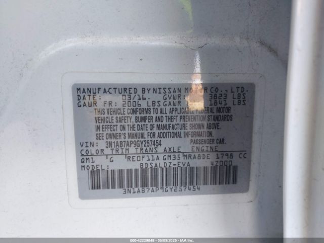 3N1AB7AP9GY257454 Nissan SENTRA SV