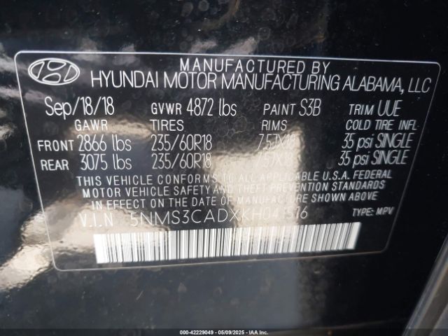 5NMS3CADXKH041516 Hyundai Santa Fe Sel Plus