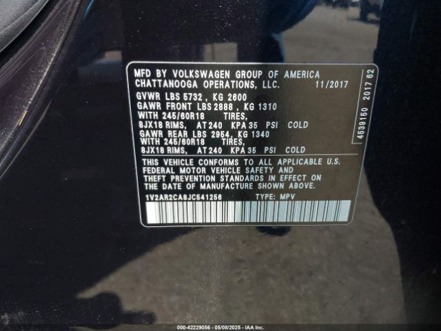 1V2AR2CA8JC541256 Volkswagen Atlas 3.6l V6 S