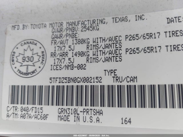 5TFDZ5BN0GX002152 Toyota Tacoma Sr5