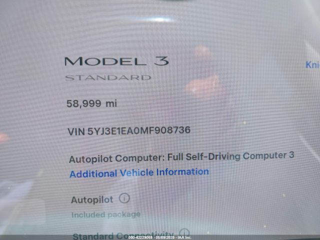 5YJ3E1EA0MF908736 Tesla Model 3 Standard Range Plus Rear-wheel Drive
