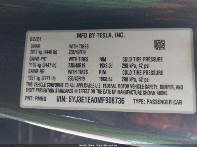 5YJ3E1EA0MF908736 Tesla Model 3 Standard Range Plus Rear-wheel Drive