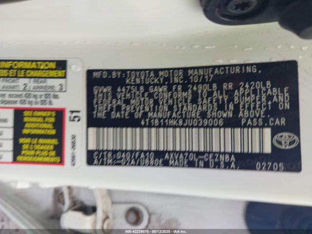 4T1B11HK8JU039006 Toyota CAMRY LE