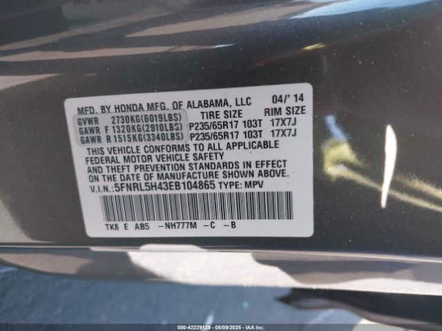 5FNRL5H43EB104865 Honda ODYSSEY EX