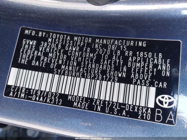 5YFBURHE1GP381729 Toyota Corolla S