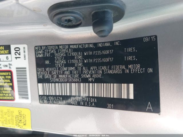 5TDYK3DC6FS656843 Toyota Sienna Xle 8 Passenger
