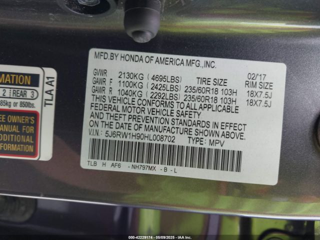 5J6RW1H90HL008702 Honda Cr-v Touring