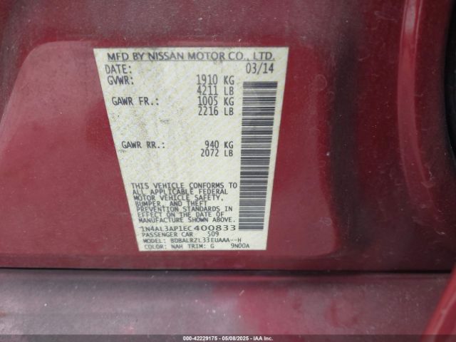 1N4AL3AP1EC400833 Nissan Altima 2.5 S