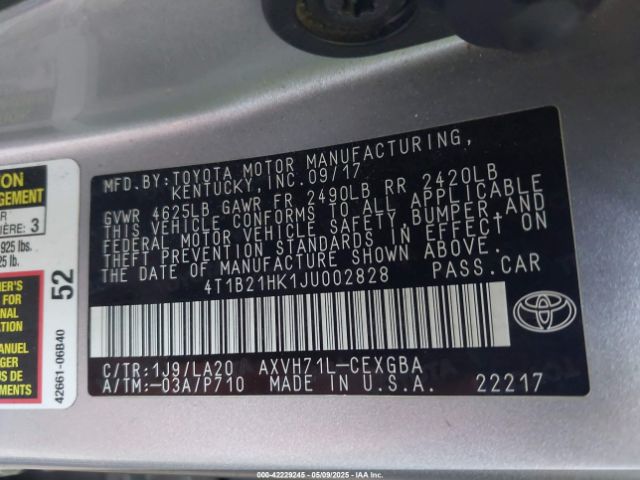 4T1B21HK1JU002828 Toyota Camry Hybrid Xle