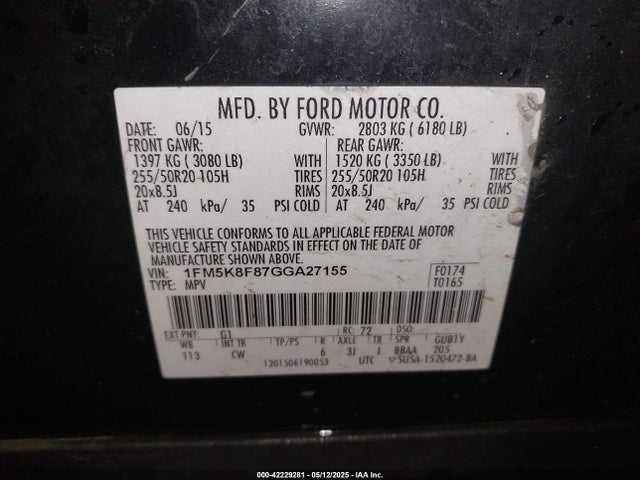 1FM5K8F87GGA27155 Ford Explorer Limited