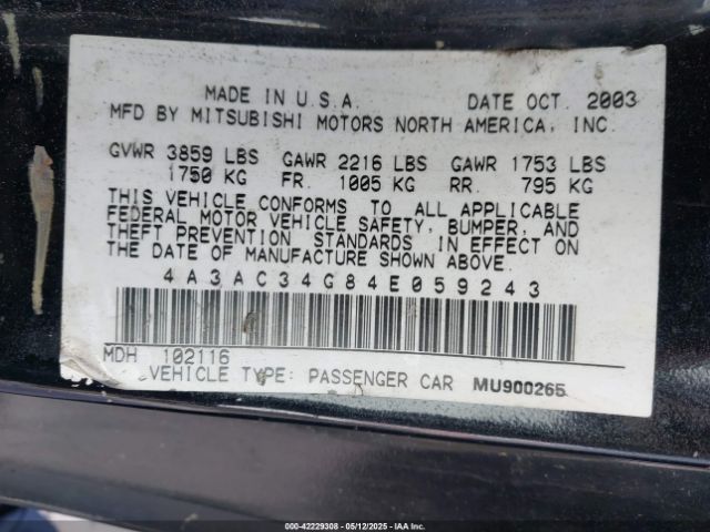 2004 MITSUBISHI ECLIPSE 4A3AC34G84E059243 Photo 8