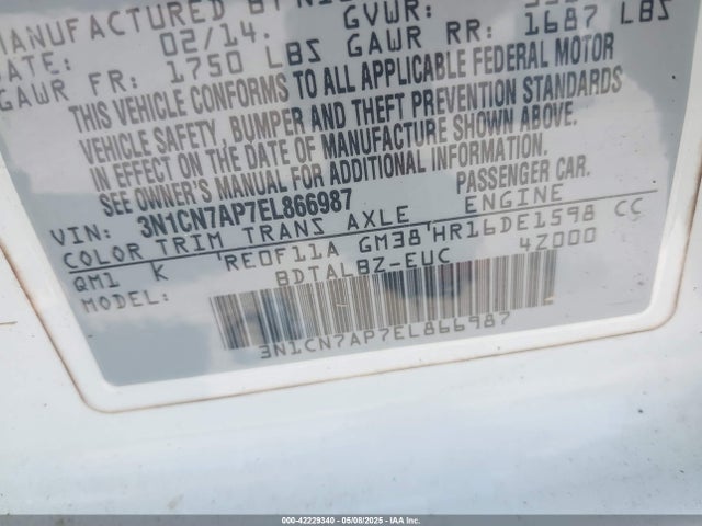 3N1CN7AP7EL866987 Nissan Versa 1.6 Sv