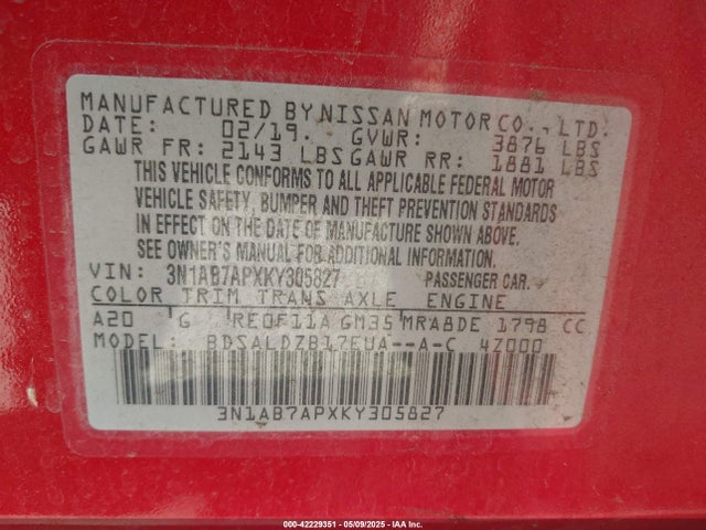 3N1AB7APXKY305827 Nissan SENTRA SV