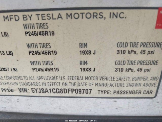 2013 TESLA MODEL S 5YJSA1CG8DFP09707 Photo 8