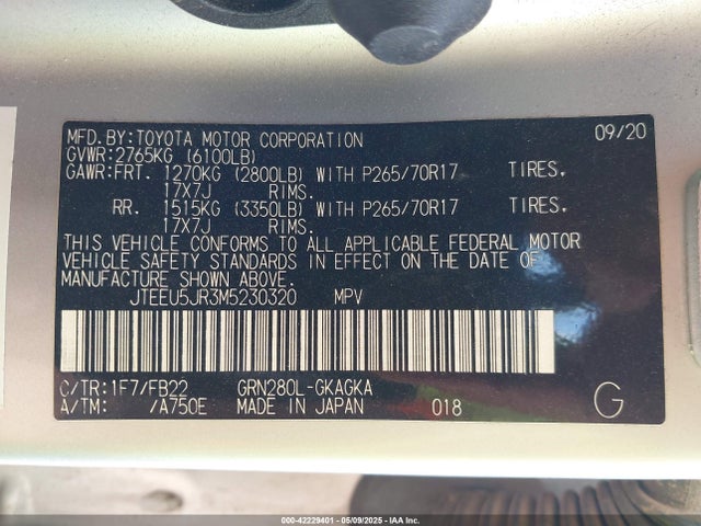 JTEEU5JR3M5230320 Toyota 1gr-fe
