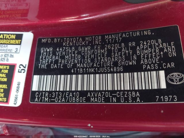 4T1B11HK1JU554896 Toyota CAMRY SE