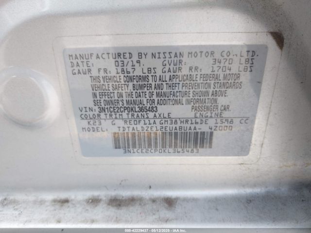 3N1CE2CP0KL365483 Nissan Versa Note Sv